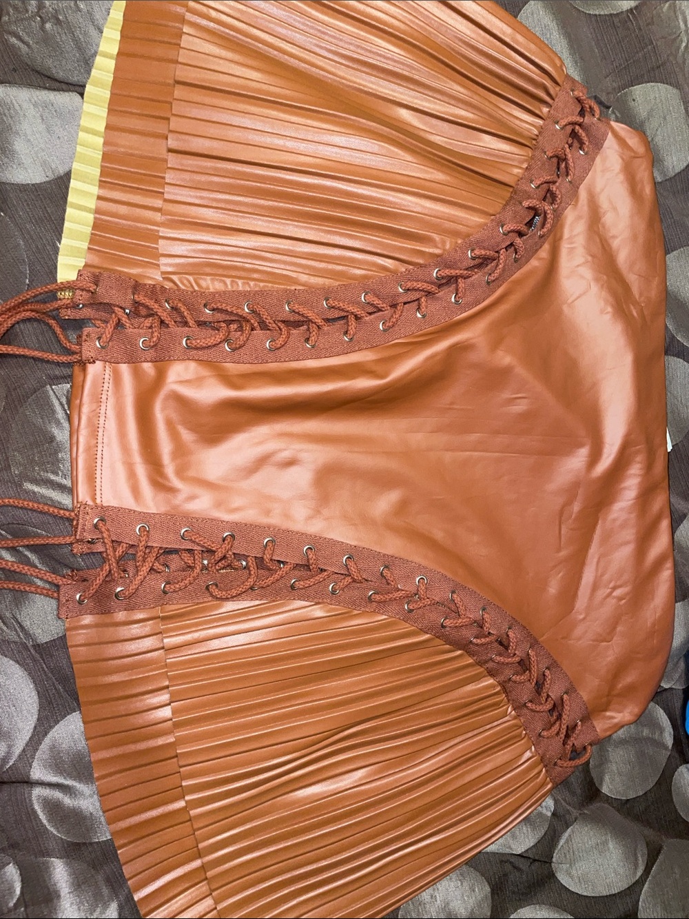 SHEIN Rust Brown Pleated Faux-Leather Lace-Up Mini Skirt